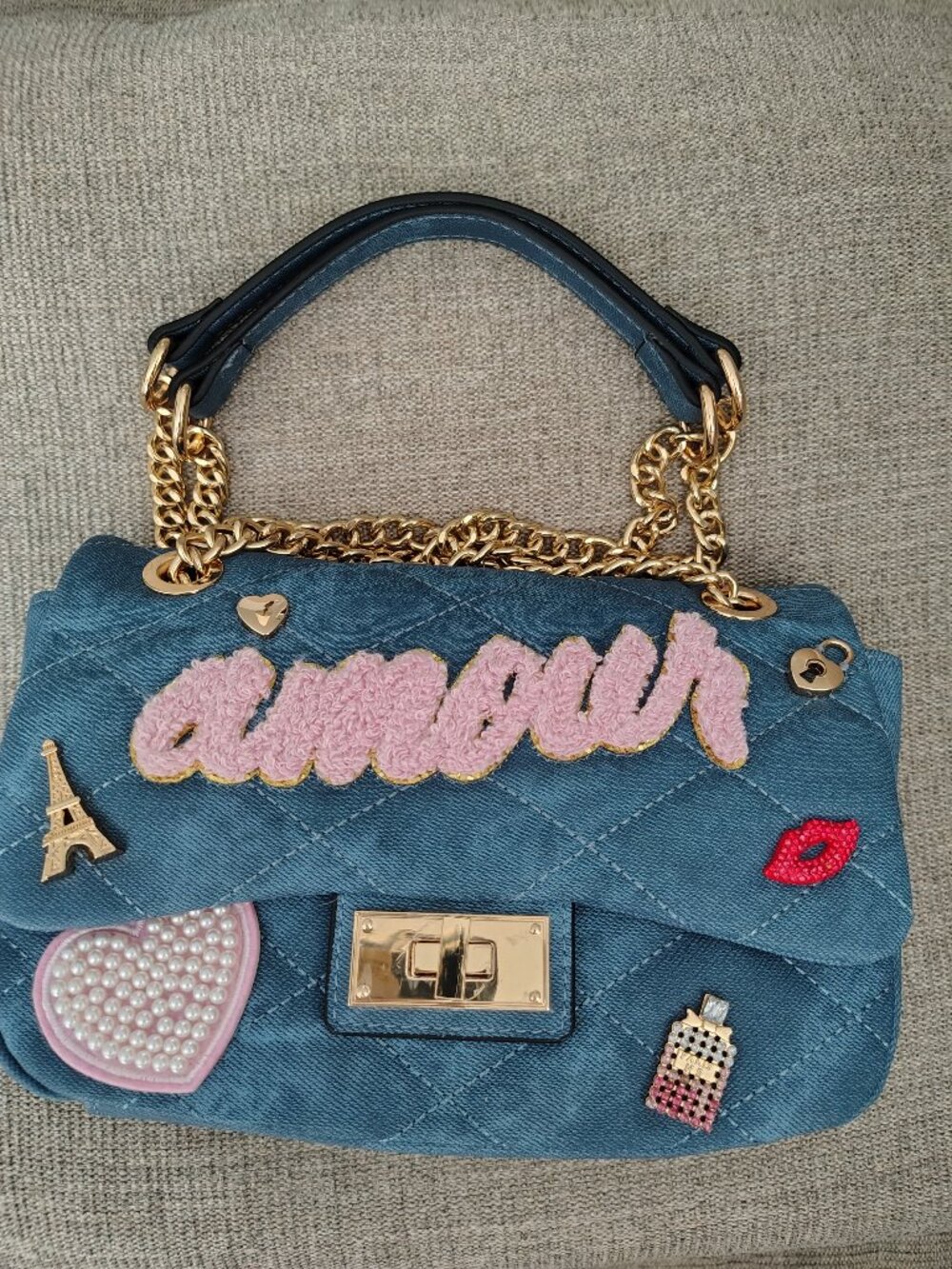 Women ALDO Honeoye Satchel crossbody blue quilted patches sparkly beaded amour